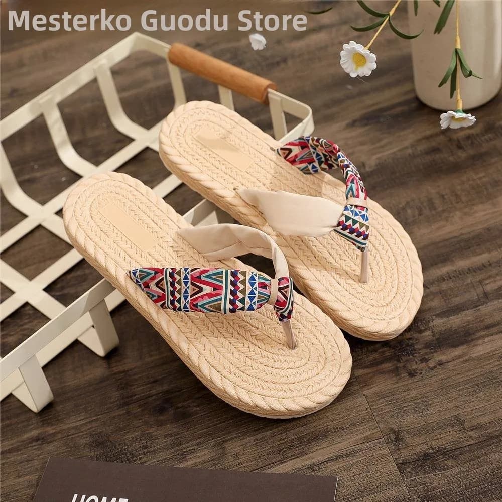 Summer New Style Women's Slippers Ethnicity Japanese Style Cloth Strap Patchwork Home Outdoor Wear Jute Bottom Flat Anti-slip...