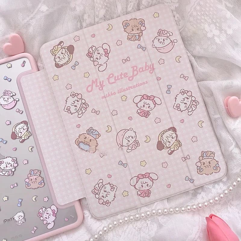 Custodia a tre ante coreana Pink Cat per iPad Pro 11, 12.9 pollici, 13, M4, 9.7, 10.2 (5a/6a generazione), 7/8/9, 10, 11a generazione, Mini 6, 7, Air 5, 6, 7
