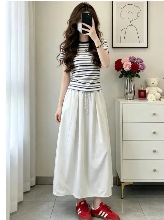 Summer Fashion Korean Style Striped Women's Top And Skirt Set Breathable Polyester Short Sleeve round Neck T-Shirt Set