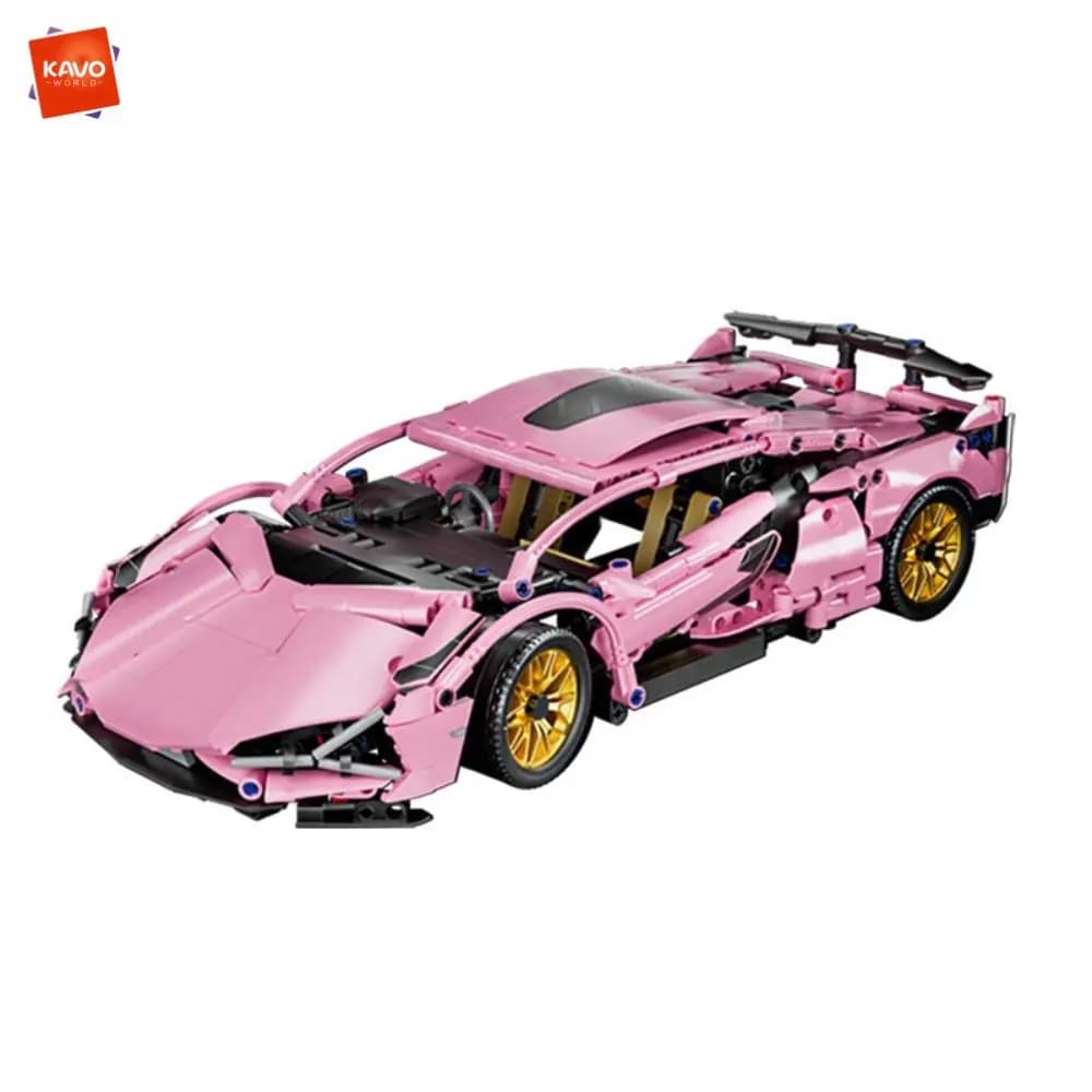 KAVOWORLD Set di Costruzioni Supercar Rosa in Scala 1:14, 1314 Pezzi, Modello di Auto Sportiva Meccanica con Ruote Dorate per Bambini e Decorazione Scrivania