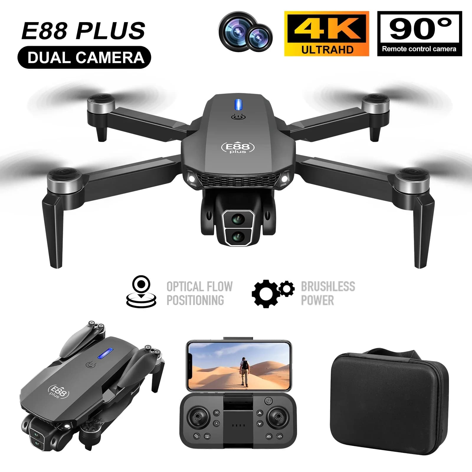 New E88 Plus Quadromatic drone: 90 ° Adjustable electric camera, brushless motor, optical flow positioning toy