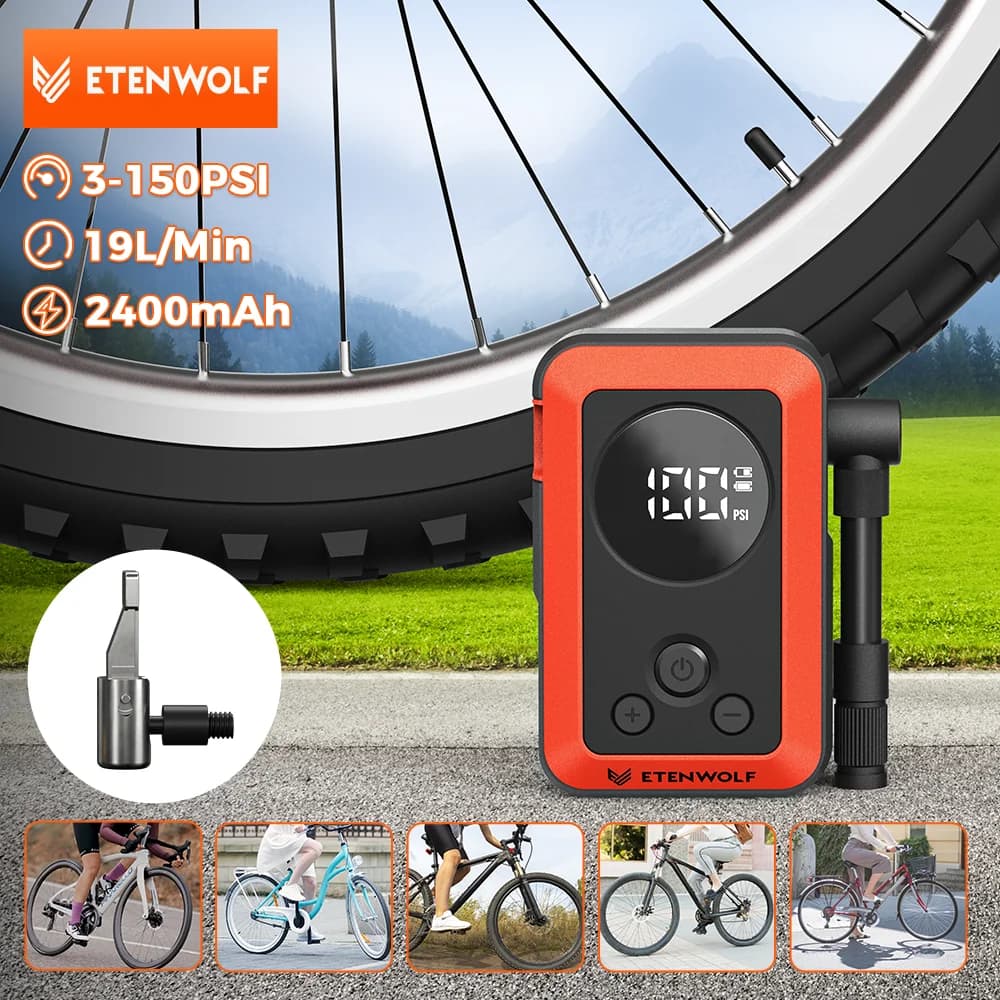 Nuovo ETENWOLF S0 Mini Pompa per Bici Elettrica Cordless 2400mAh Pompa per Pneumatici Portatile con Schermo per Moto Palle 150PSI Pressione Massima