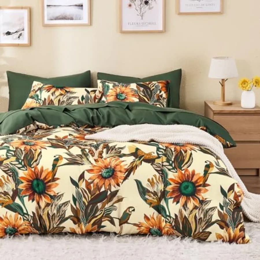 Boho Comforter Set, Floral Farmhouse Bohemian Chic Style with Colorful Sunflowers and Birds Pattern, Soft Lightweight Bedding,