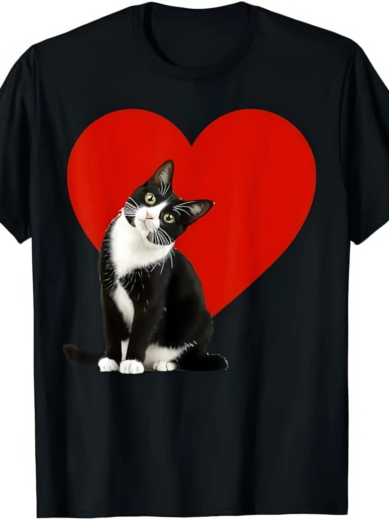 1pc Divertente T-shirt Gatto con Smoking per San Valentino, Compatibile con - Stampa Cuore Nero e Rosso per Adulti con Design Gatto Tabby con Smoking Bianco