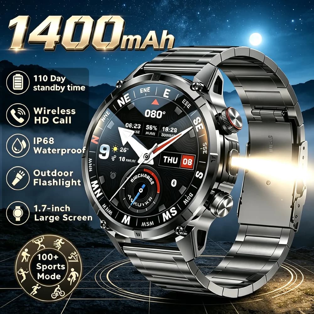 New Rugged Military Smart Watch Men 1400 mAh battery 2.04inch AMOLED Bluetooth Call 10ATM Waterproof LED flashlight Smart watch
