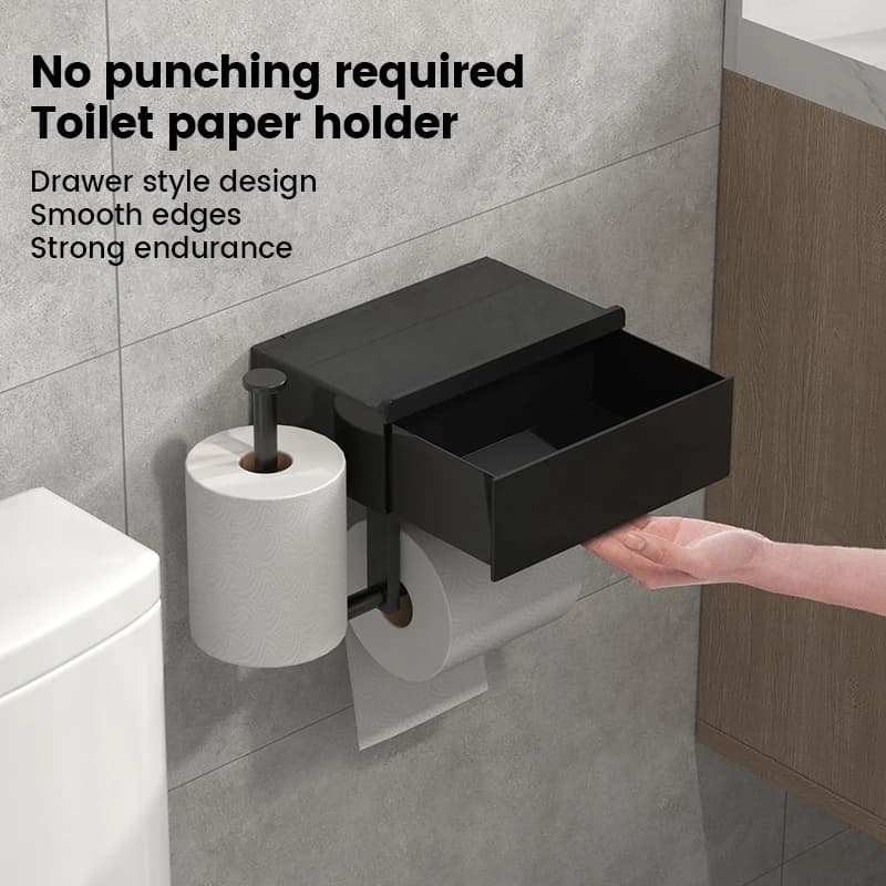 Portarotolo da parete nero con mensola, nessuna perforazione richiesta, porta fazzoletti a cassetto, organizer essenziale per il bagno
