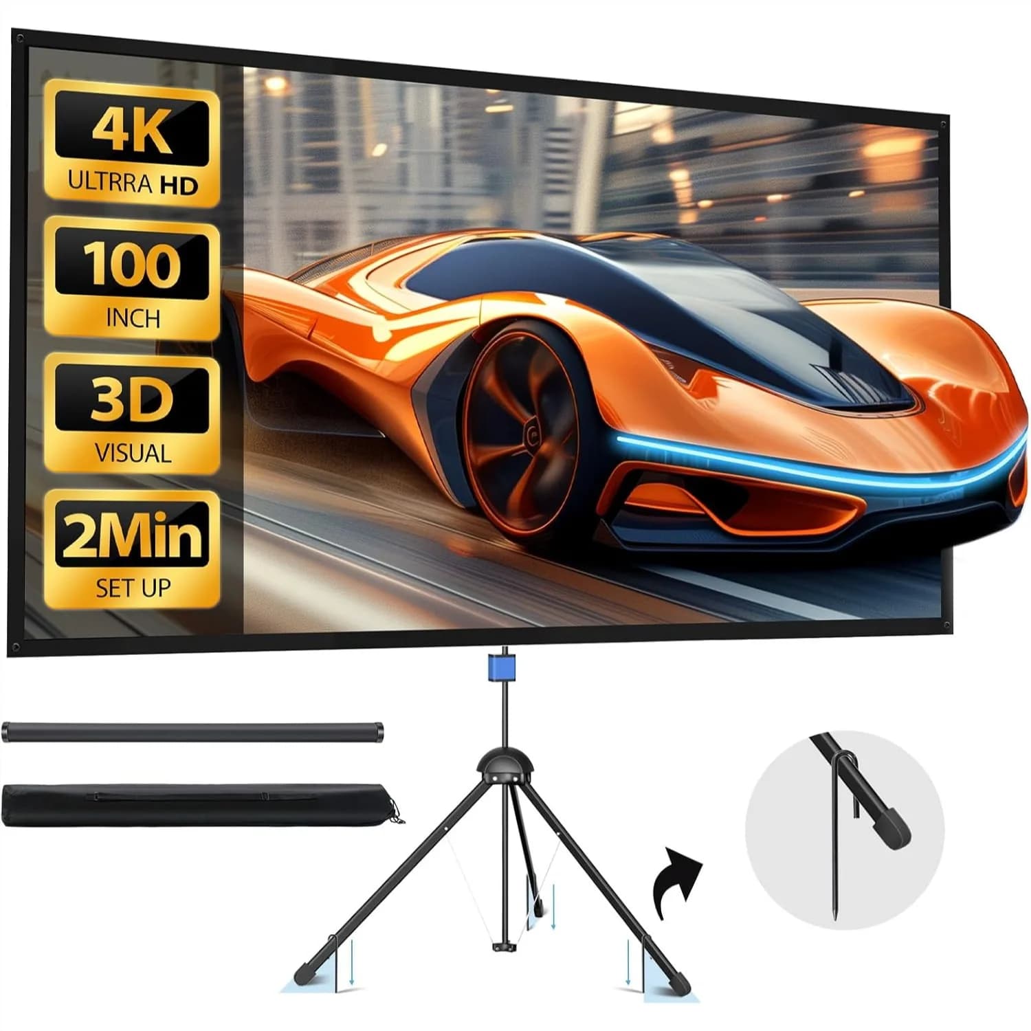 Schermo per Proiettore con Supporto, 100" 16:9 4K HD in PVC, Guadagno 1.5, per Teatro da Giardino Interno/Esterno, Montaggio a Parete, Portatile