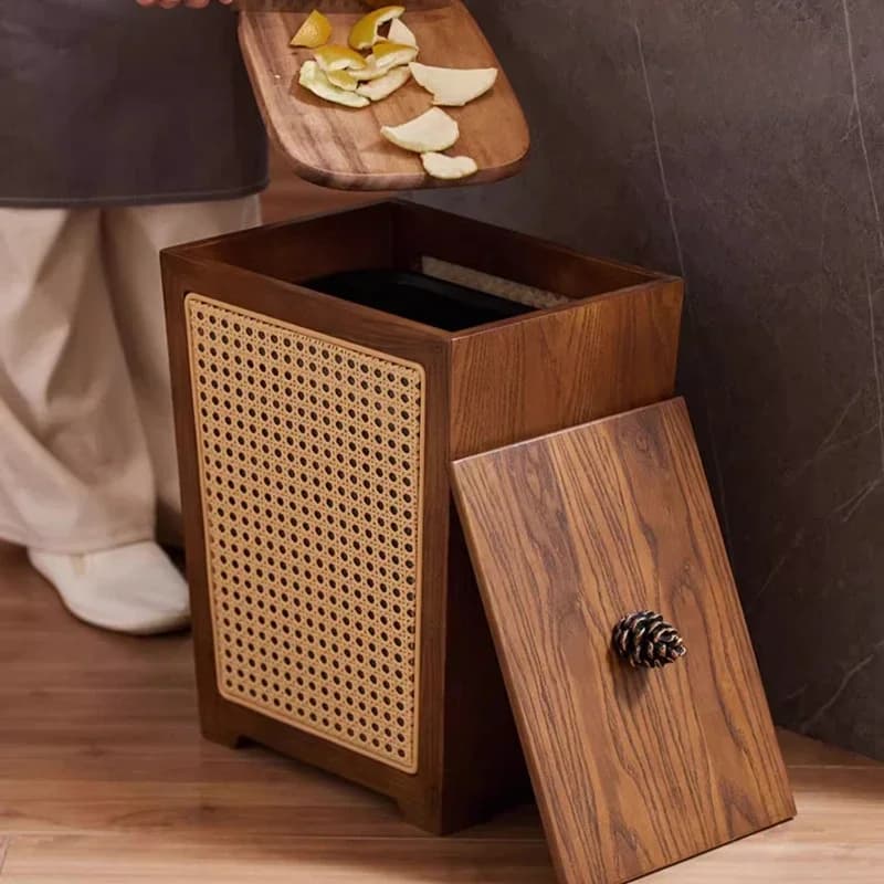 Pattumiera in legno massello per soggiorno, cucina e camera da letto, bidoni per rifiuti quadrati, alta bellezza, con coperchio, cestino di carta creativo in vimini