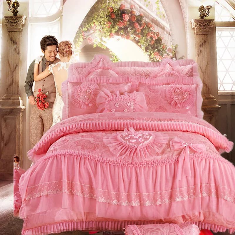 Set of bed linen Princess flowers in lace shaped heart Set satin cotton jacquard pink Korean style jacquard