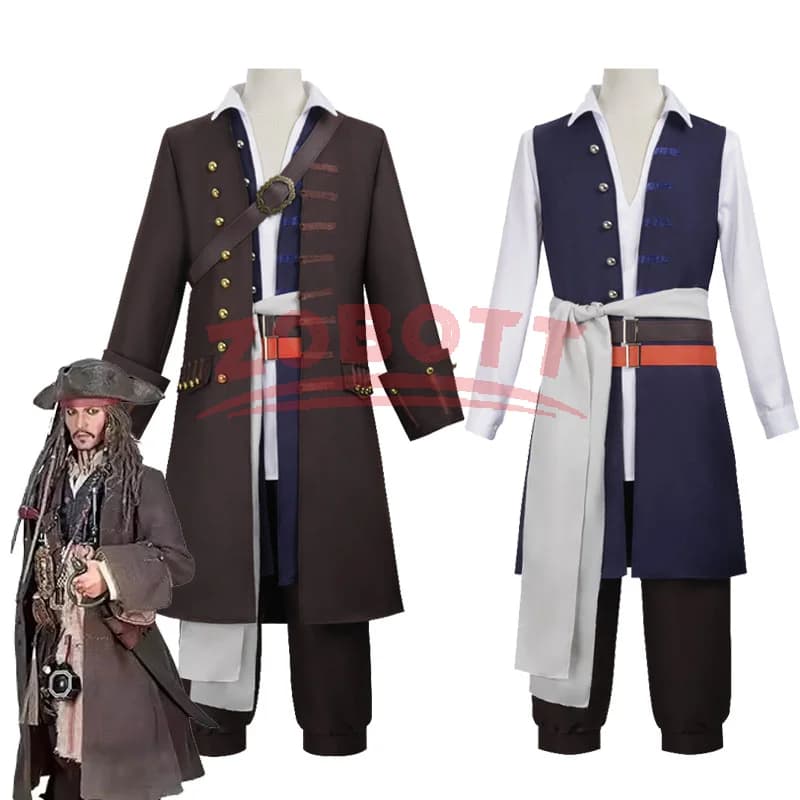 Costume da Capitano Jack Sparrow per Uomo, Uniforme da Pirata, Set Completo per Carnevale dei Caraibi, Outfit Jack Sparrow