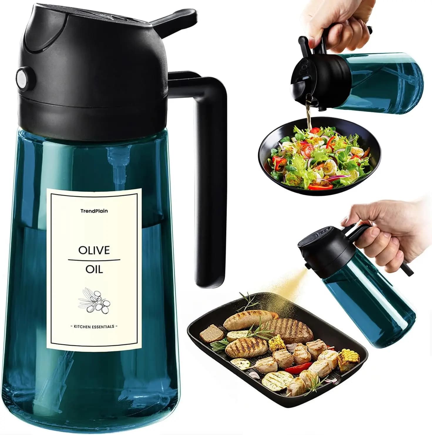 16oz/470ml Blue Glass Olive Oil Sprayer for Cooking - 2 in 1 Olive Oil Dispenser for Kitchen Gadgets, Air Fryer, Salad, and BBQ