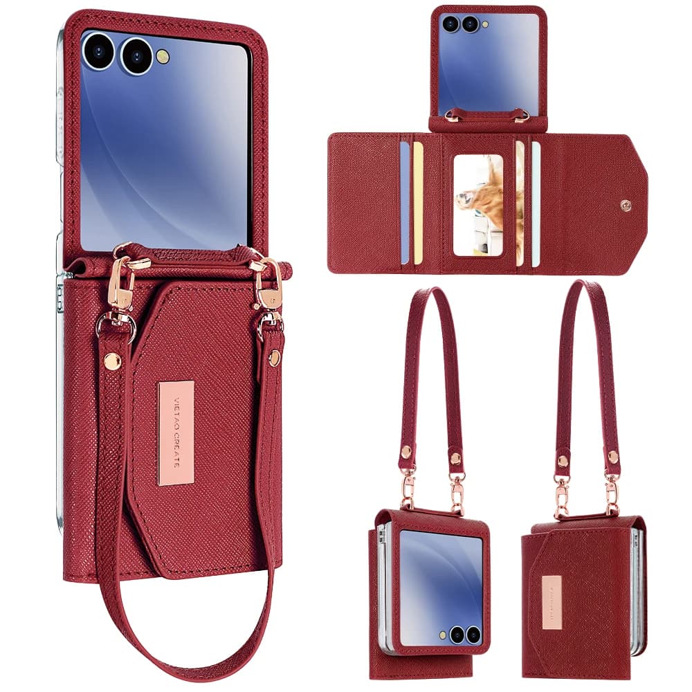 VIETAO Dark Red PU Leather Wallet Phone Case with Wrist Strap for Galaxy Z Flip 7/6/5/4/3 Fashionable Women's Phone Case