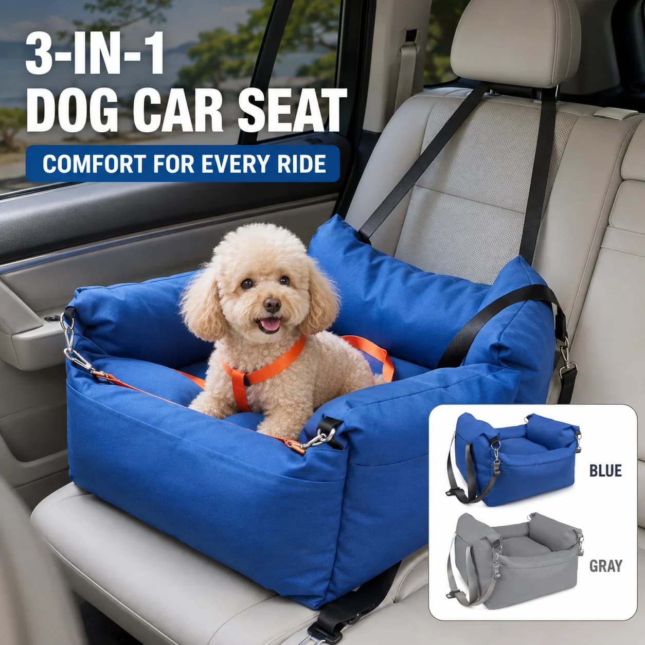 3-in-1 Dog Car Seat for Small Dogs, Portable Pet Travel Bed with Padded Sides, Adjustable Straps and Removable Cushion