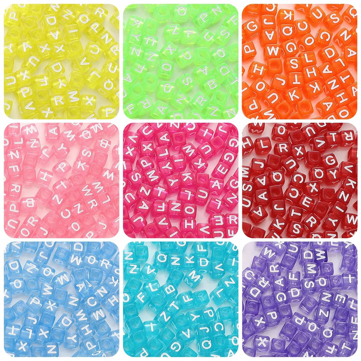 Perline Acriliche Quadrate con Lettere Alfabeto 6x6mm Traslucide con Foro Grande 4mm, 100pcs per Creare Bracciali e Collane DIY, Perline per Bigiotteria e Artigianato