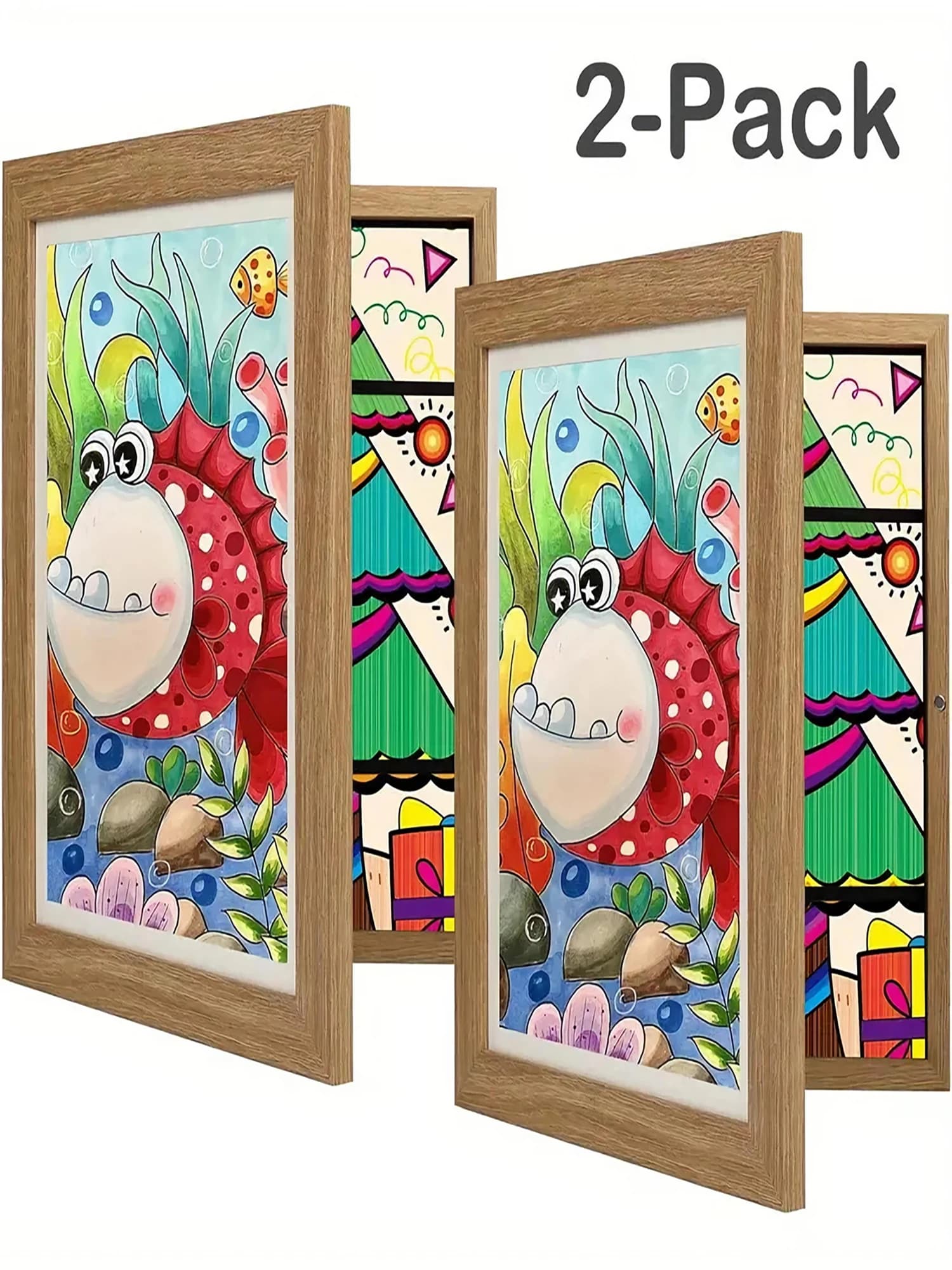 2PCS A4 Wooden Kids Art Frames, Front Opening Foldable Wall Mount Photo Frames, Easy Swap Artwork for Children Drawings Family Pictures, Home Decor Tabletop Display