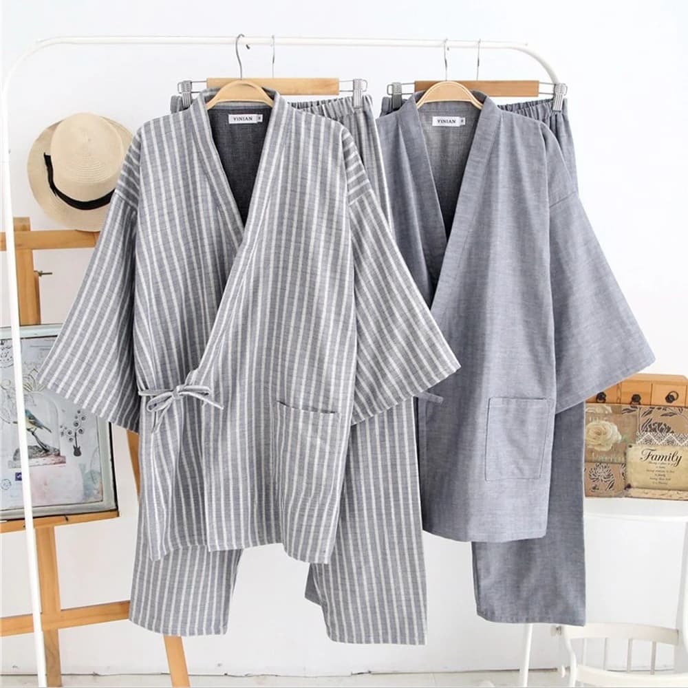 Uomo Kimono giapponese accappatoio pigiameria Sauna Spa Yukata Haori Aodai casa camicia da notte Hanfu cotone morbido pigiama Set Tee top pantaloni