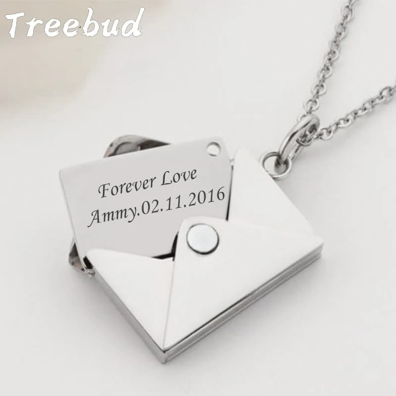 Treebud Stainless Steel Custom Envelope Necklace with Laser Engraving Pictures Pendant Lovely Family Friends Gift Jewelry