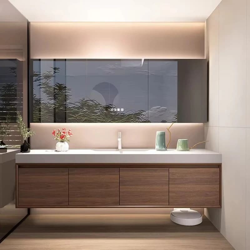 Specchio LED da Parete in Legno &c con Lavabo in Ceramica, Design Moderno, Cassetti a Chiusura Morbida, Resistente all'Acqua, Facile da Pulire