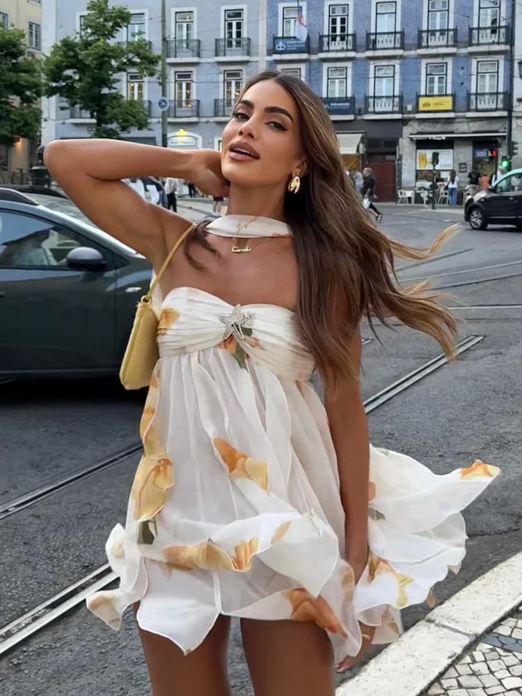 Mini printed dress with sleeveless chic scarf neck with shoulders discoveries short pleated dress 2025 summer beach dress for women parties