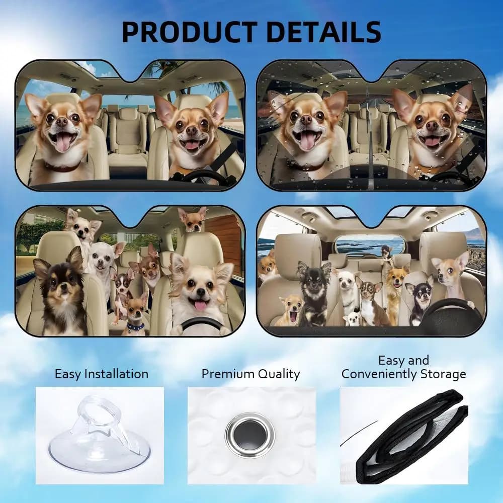 Parasole per Auto Divertente con Famiglia di Chihuahua, Riutilizzabile in Alluminio, Protezione UV e Isolamento Termico
