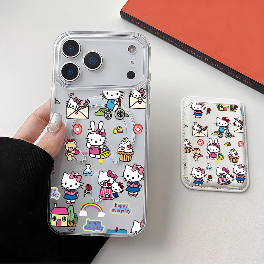 Portacarte magnetico a forma di busta Hello Kitty con ricarica wireless, accessori per telefono compatibili con Magsafe, per iPhone e Samsung.