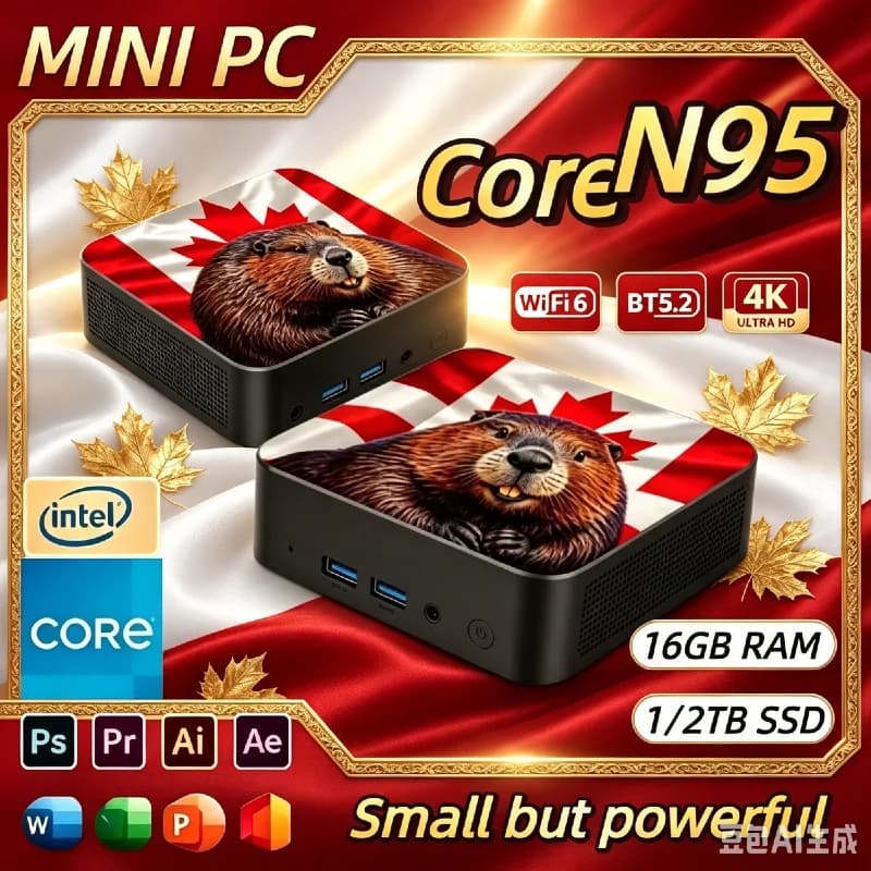 Canada Flag Ultra‑Portable Mini PC Intel Core N95 16GB RAM 1TB SSD Win11 WiFi 6 BT5.2 High‑Speed Desktop Computer for Office Use