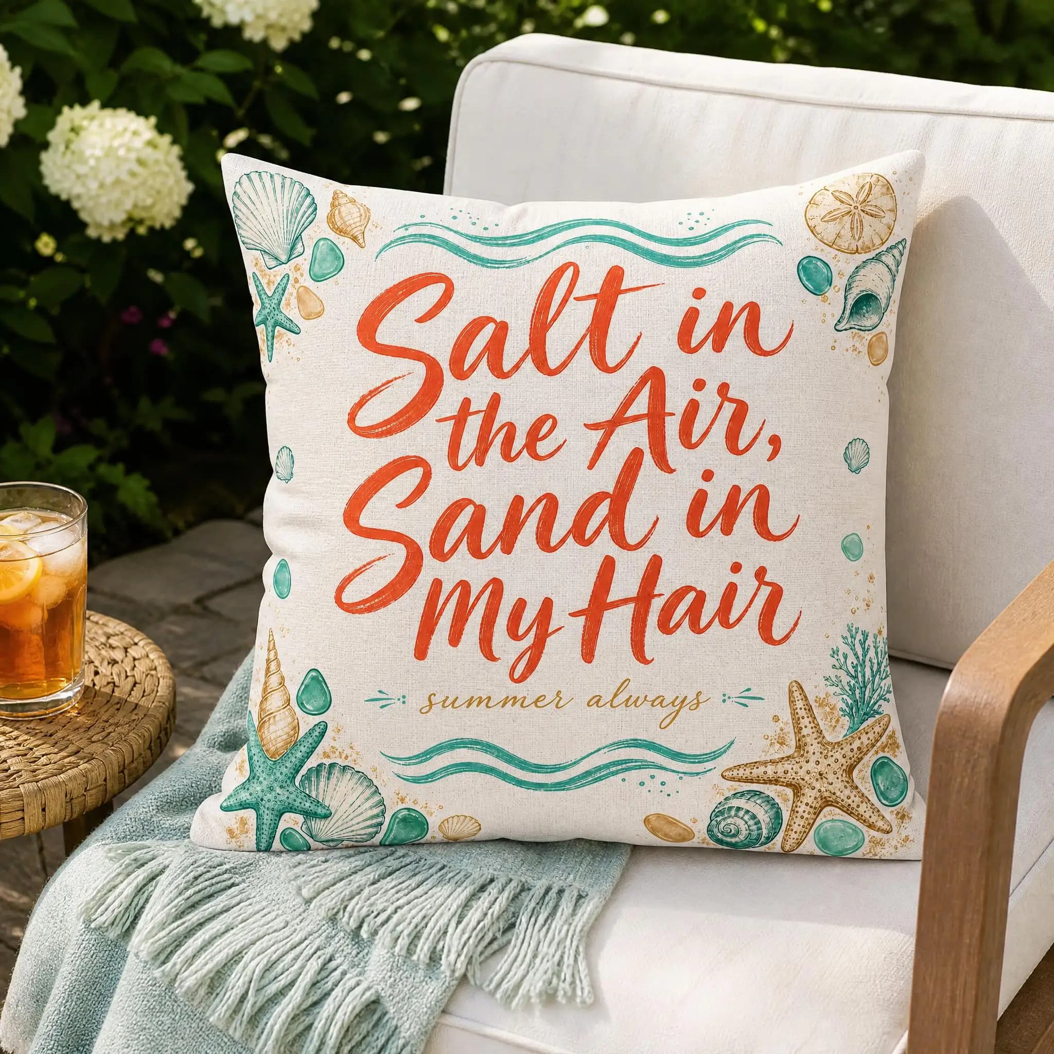Coastal Summer Saltwater & Sun Pillow Cover, Suitable For Sofa Bedroom Decoration, Unique Holiday Gift