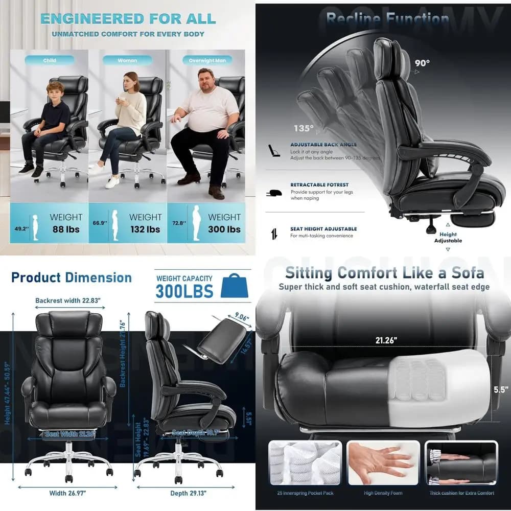Sedia da Ufficio Ergonomica con Schienale Alto, Supporto Lombare e Seduta Larga - Sedia da Ufficio in Pelle Nera