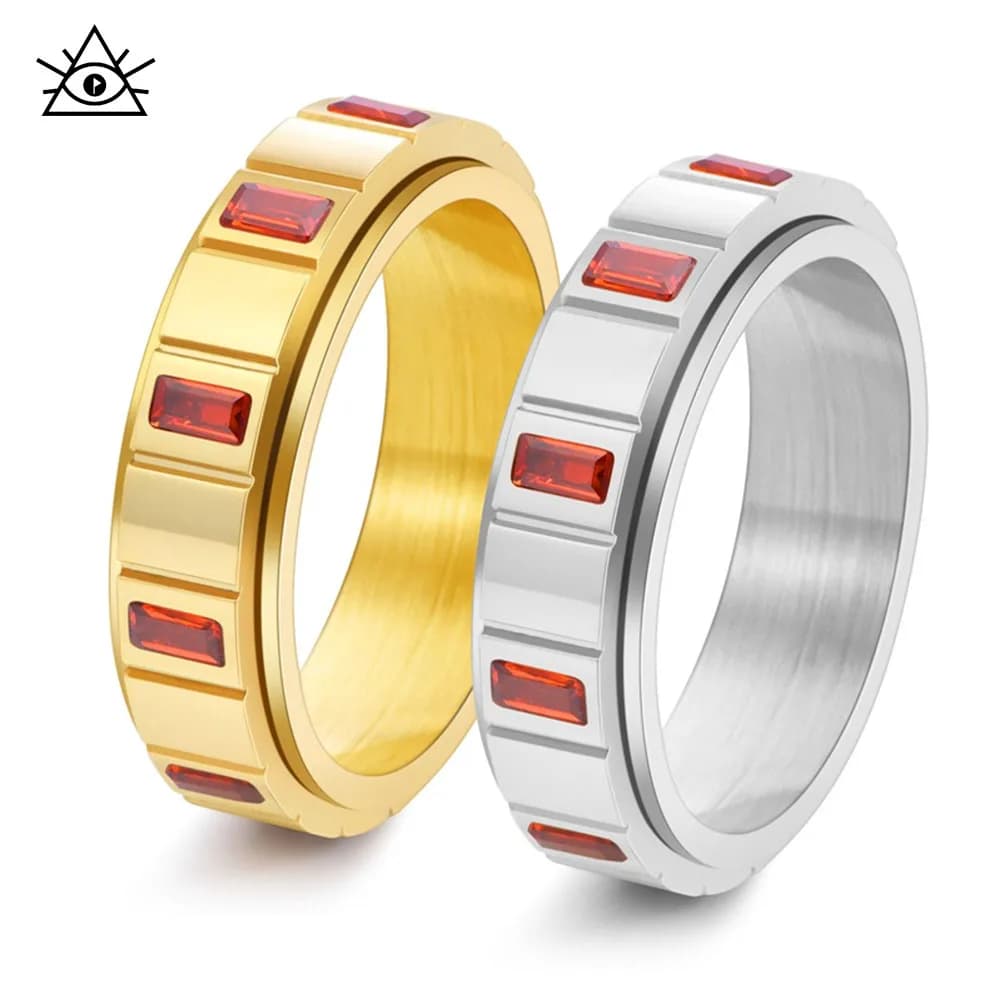 Anello girevole da donna in acciaio al titanio placcato oro 18k di lusso, con diamanti colorati rettangolari, non sbiadisce, di alta gamma