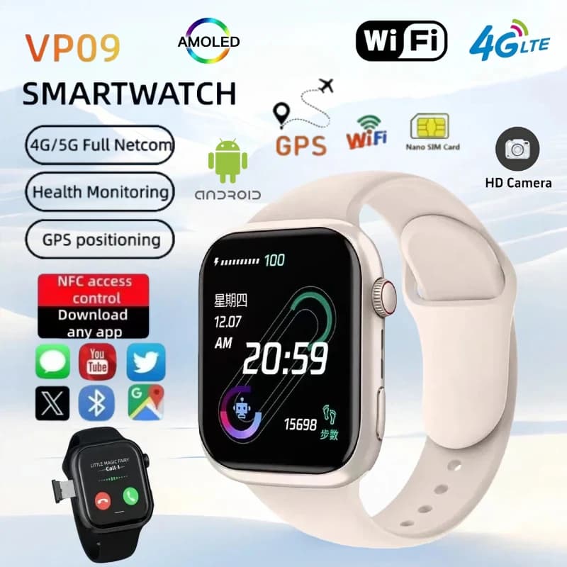 VP09 Nuovo 4G 5G Rete Smart Watch Uomo Donna Sistema operativo Android SIM Card Navigazione GPS WIFI Telecamera rotante Supporto servizi Google