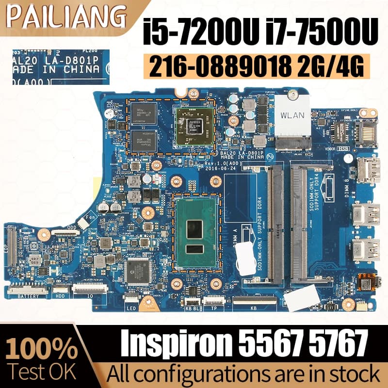 LA-D801P For Dell Inspiron 5567 5767 Notebook Mainboard BAL20 LA-D801P i5-7200U i7-7500U 216-0889018 2/4G Laptop Motherboard
