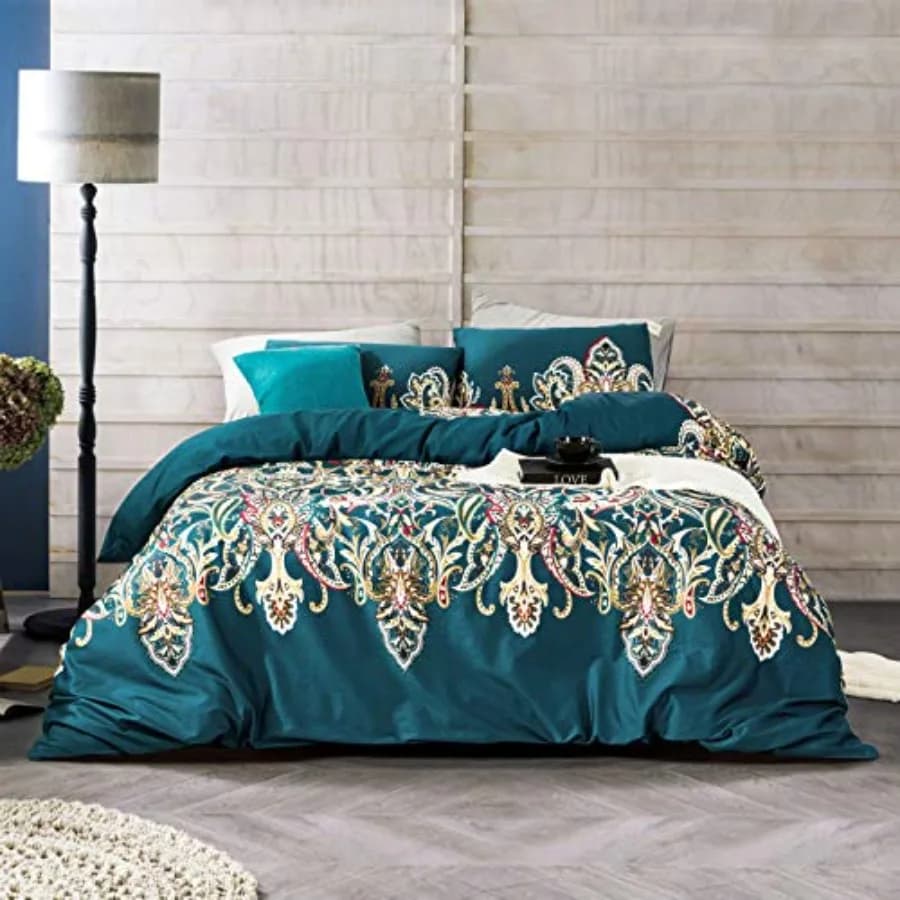 Set Copripiumino Damascato 100% Cotone Egiziano 3 Pezzi, 1 Copripiumino Boho Teal con Chiusura a Cerniera e 2 Federe, Stile Vintage Europeo Damascato