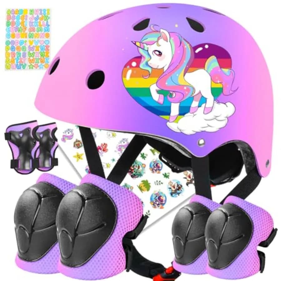 Children's and Girls' Bicycle Helmet Set with Color Gradient, Adjustable Helmet for Skateboard, Protective Knee Sleeves Set