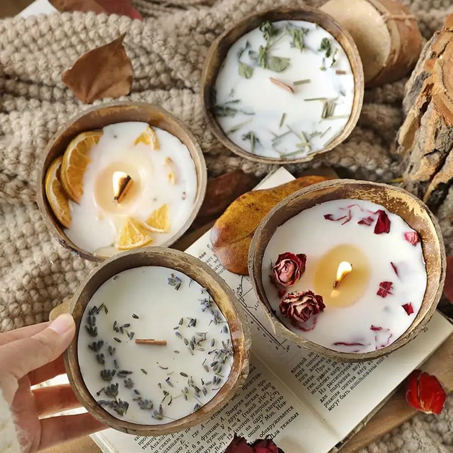 Candela Profumata Naturale in Guscio di Cocco con Fiori Secchi – Candela Aromaterapica Artigianale per Arredamento Casa e Relax