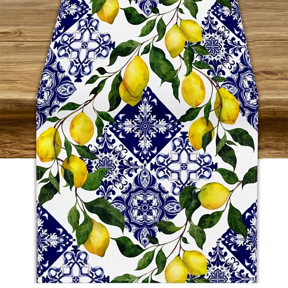 Runner da Tavolo Blu con Stampa Limoni e Fiori Estivi, Decorazione Rustica per Cucina, Tovaglietta Rettangolare