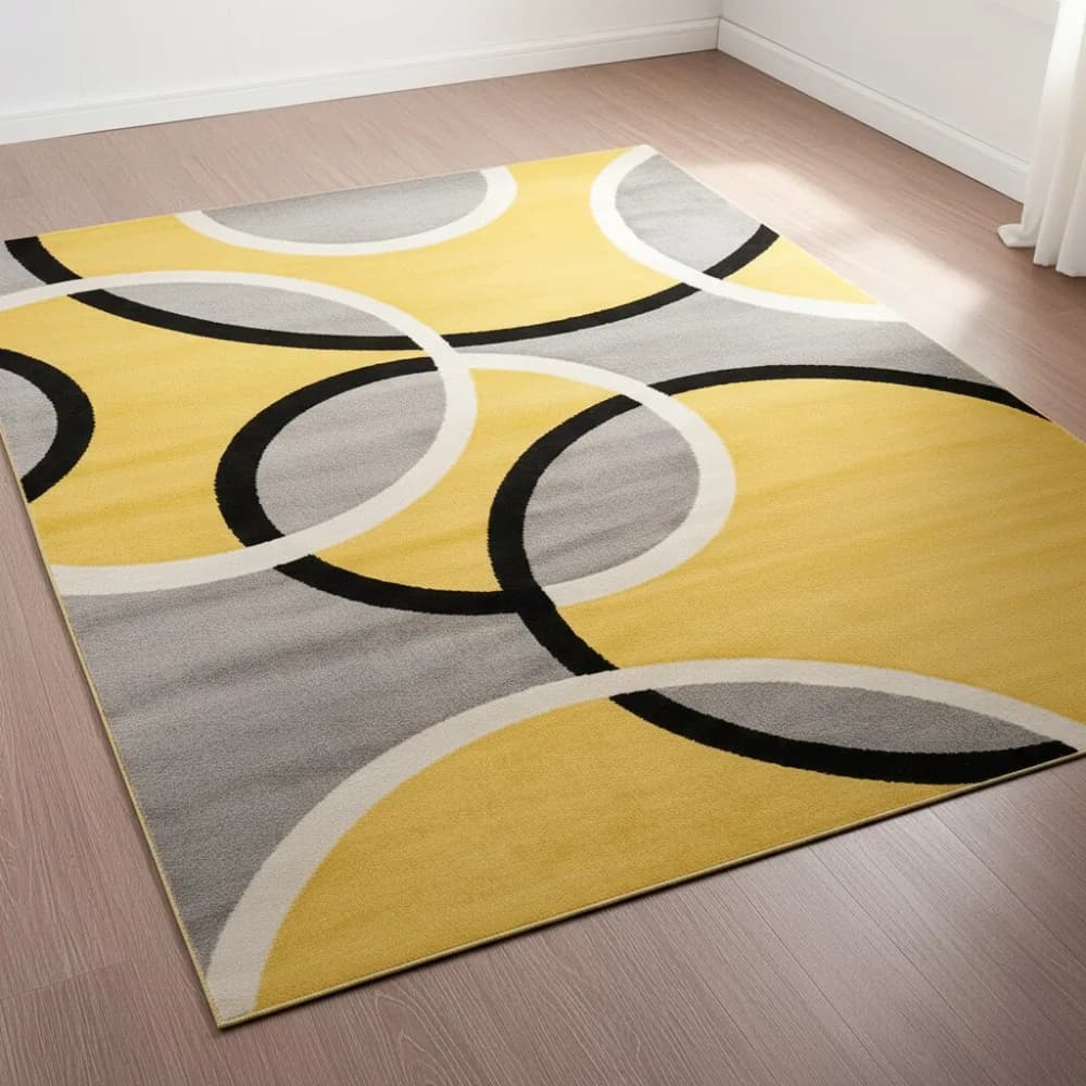 Modern carpet with abstract circles, carpet resistant to fading for living room, bedroom, home office, yellow 5'3"x7'3"