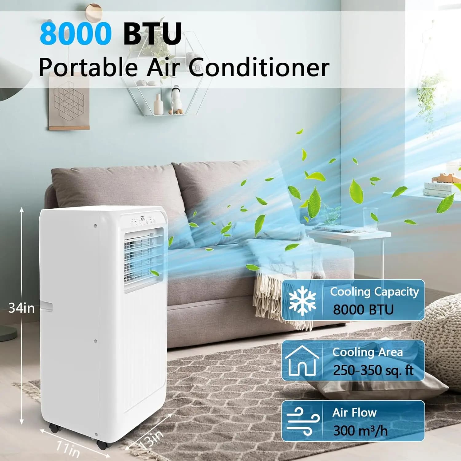 Condizionatore d'aria portatile da 8000 BTU, 4 in 1: raffreddamento, ventilatore e deumidificatore per ambienti fino a 350 piedi quadrati, silenzioso con telecomando e kit per finestra