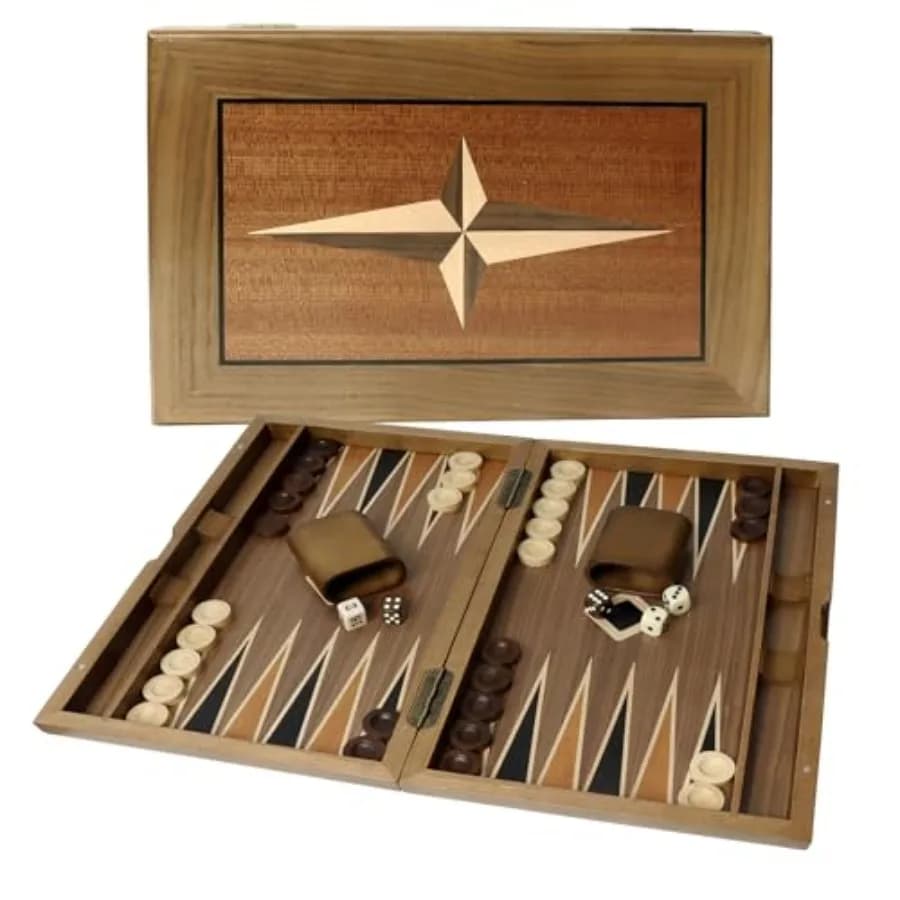 Set di Backgammon Pieghevole in Legno Premium con Intarsi, Gioco da Tavolo Strategico Classico Tradizionale con Design a Stella, 21 Pollici, Legno Naturale