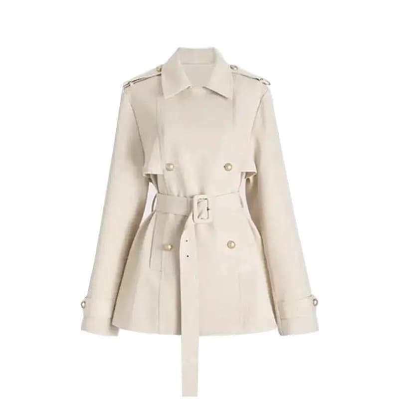 2027 New Women Apricot Short Trench Dress Coat Oversized Lapel Gold Button Waist Tie Belt Casual Street Windbreaker