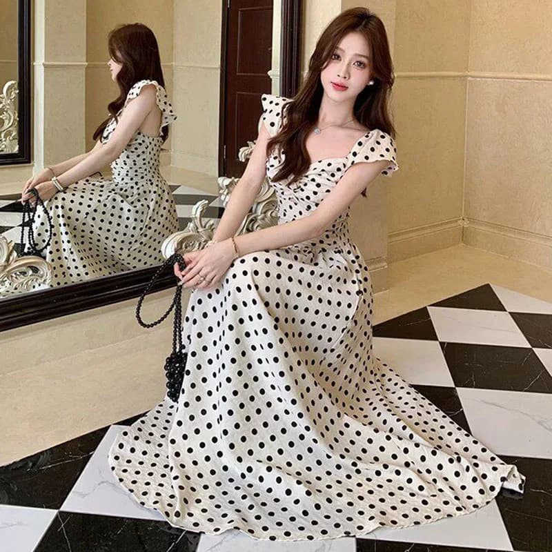 Women Summer Lovely Polka Dot Ruched Midi Dress Lady Fashion Slim Pot Dress Female Sweet Vacation Dresses