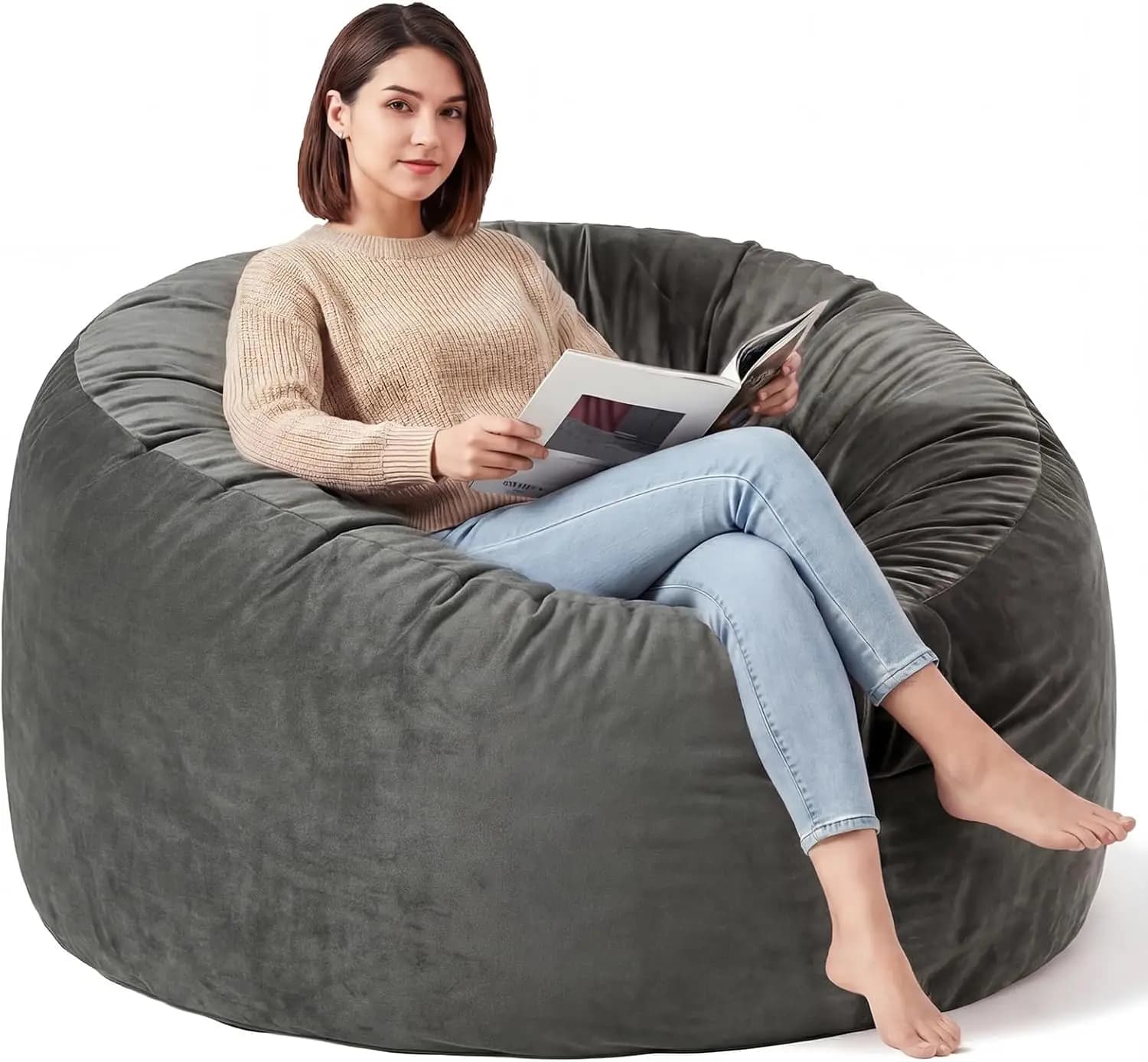 Poltrona Sacco Grigia da 150 cm con Imbottitura in Memory Foam e Rivestimento in Velluto Lavabile per Soggiorno, Camera da Letto, Sala Giochi - Divano Ultra Morbido in Peluche