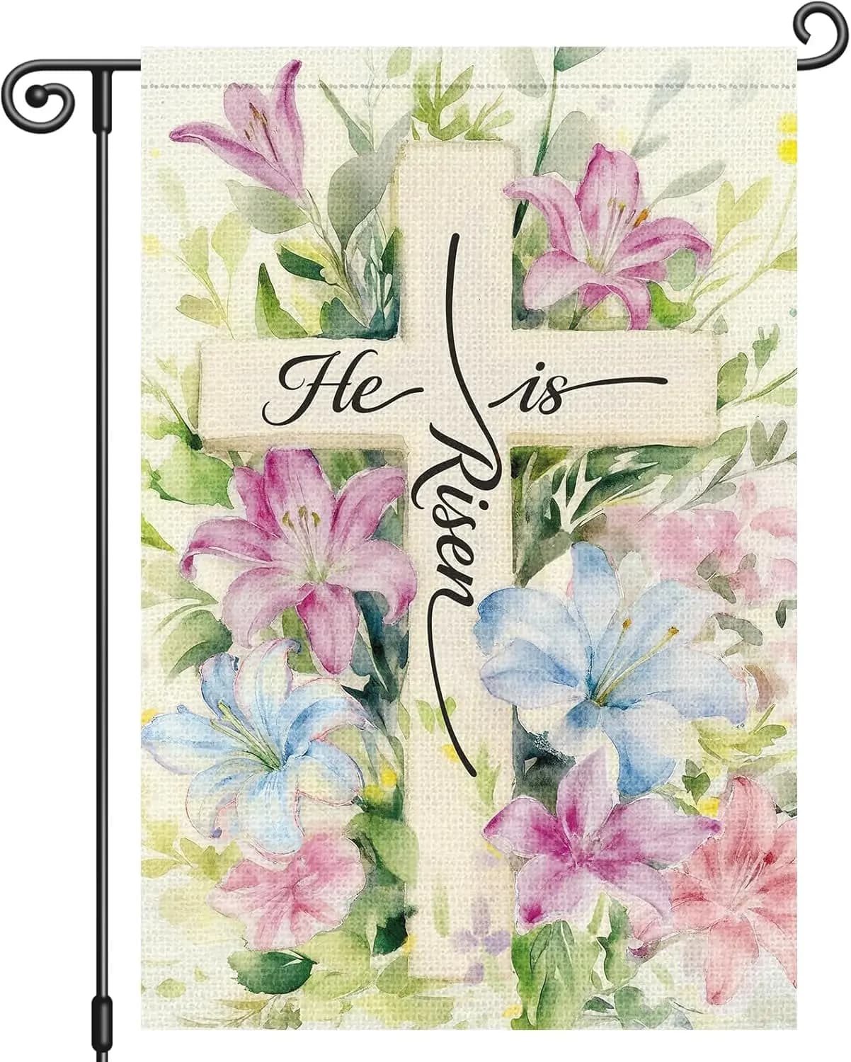 Louise Maelys Easter Cross Garden Flag He Is Risen Watercolor Lily Floral Double Sided 12x18 Inch Small Burlap Butterfly Spr zzo