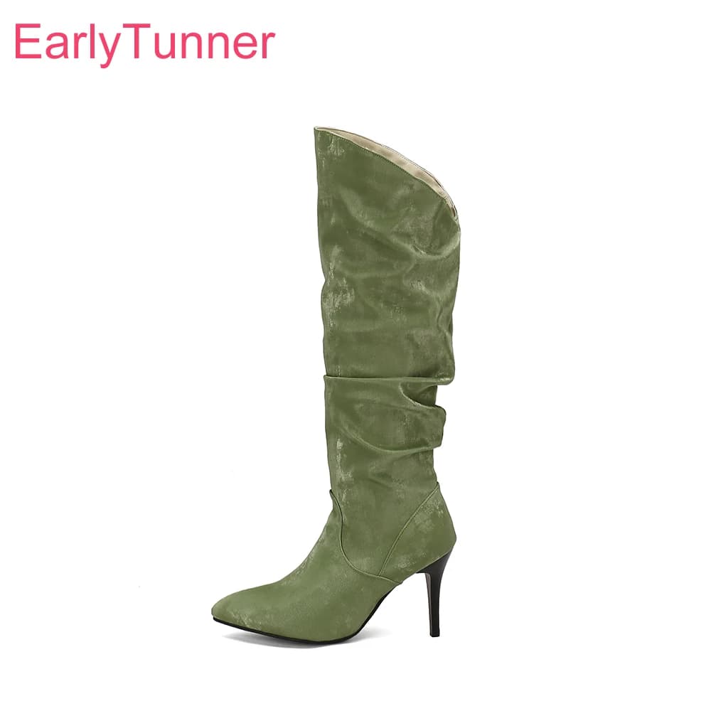 2026 Winter Fashion Women Knee High Slouch Boots 8cm High Thin Heels Lady Casual Shoes Large Plus Size 12 43 45 48 Non-slip
