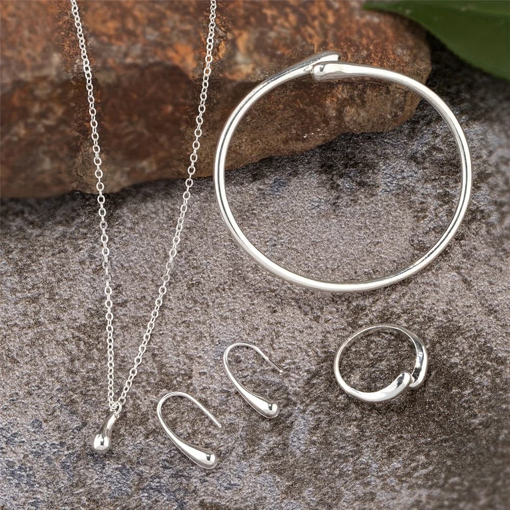 Women's Silver Plated Water Drop Ring & Necklace & Earrings & Cuff Bracelet Jewelry Set