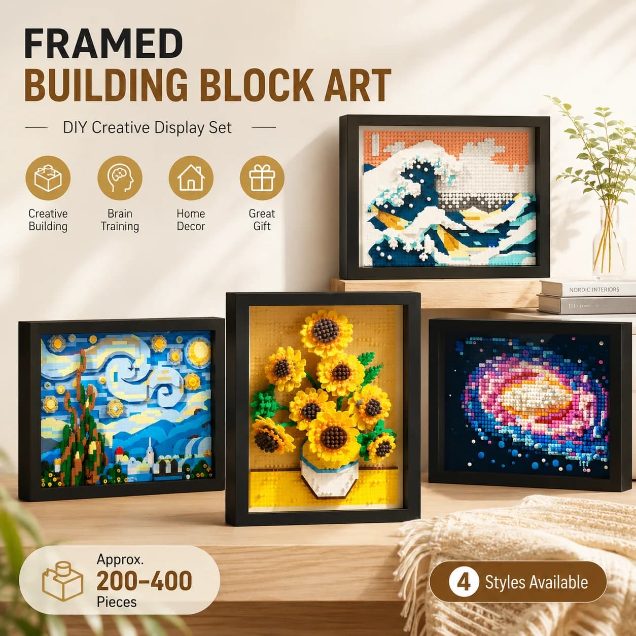 Framed Building Block Art DIY Micro Bricks Display Set Creative Assembly Puzzle Home Decor Gift 200-400PCS