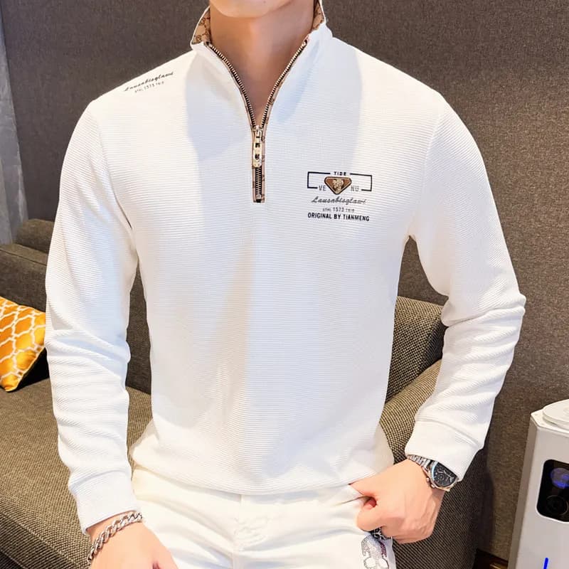 Felpa con Cappuccio di Lusso Stile Europeo da Uomo, Maglietta a Maniche Lunghe Casual Versatile con Mezza Cerniera, Abbigliamento Urbano alla Moda in Tessuto Poliestere