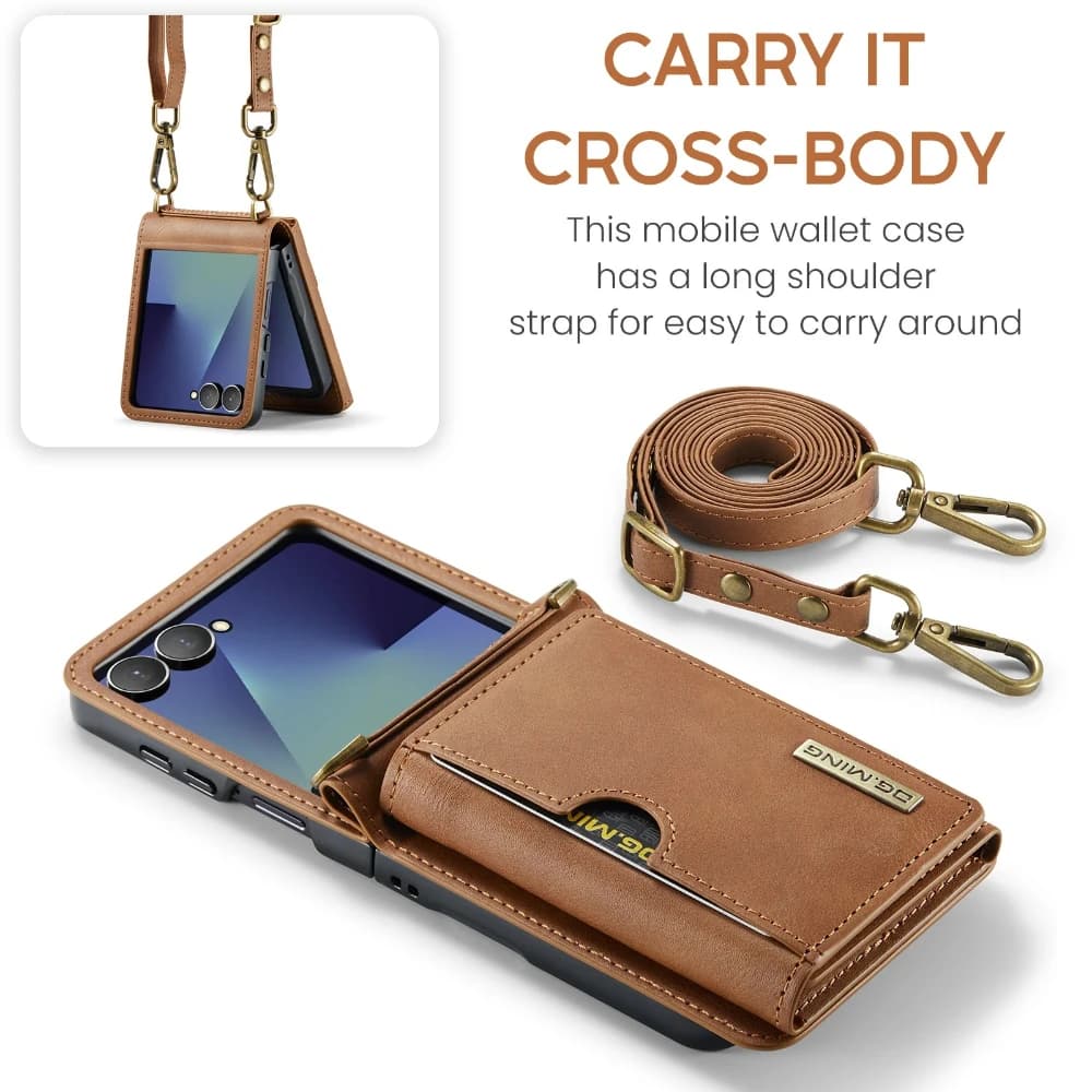 Custodia per telefono a tracolla in pelle tinta unita per Samsung Galaxy Z Flip 7 Flip6 Retro cinturino lungo RFID blocco slot per schede Portafoglio con supporto