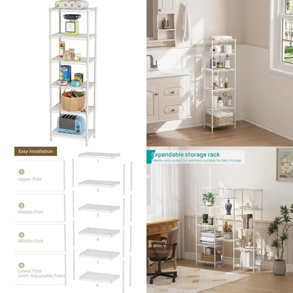 Organizer for 6 shelves in Filo Metallico - Metal shelf for Kitchen, Bathroom, Garage, Laundry - White, 10x16x60