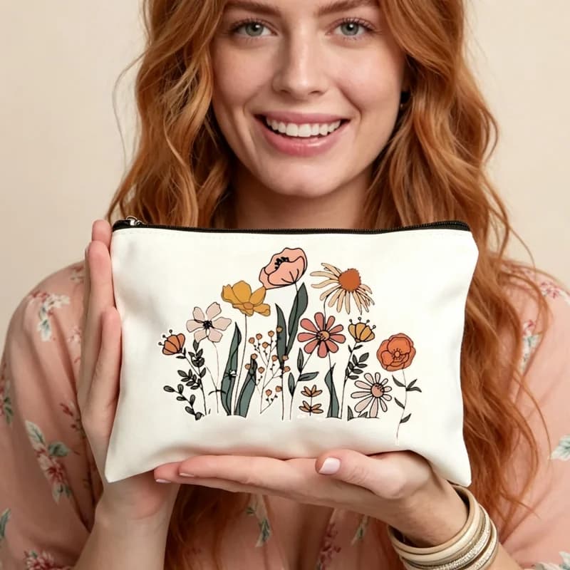 Custom Wildflower Make Up Bag Floral Canvas Cosmetic Bag Pouch Women Travel Toiletry Bag Zipper Storage Organizer Makeup Case