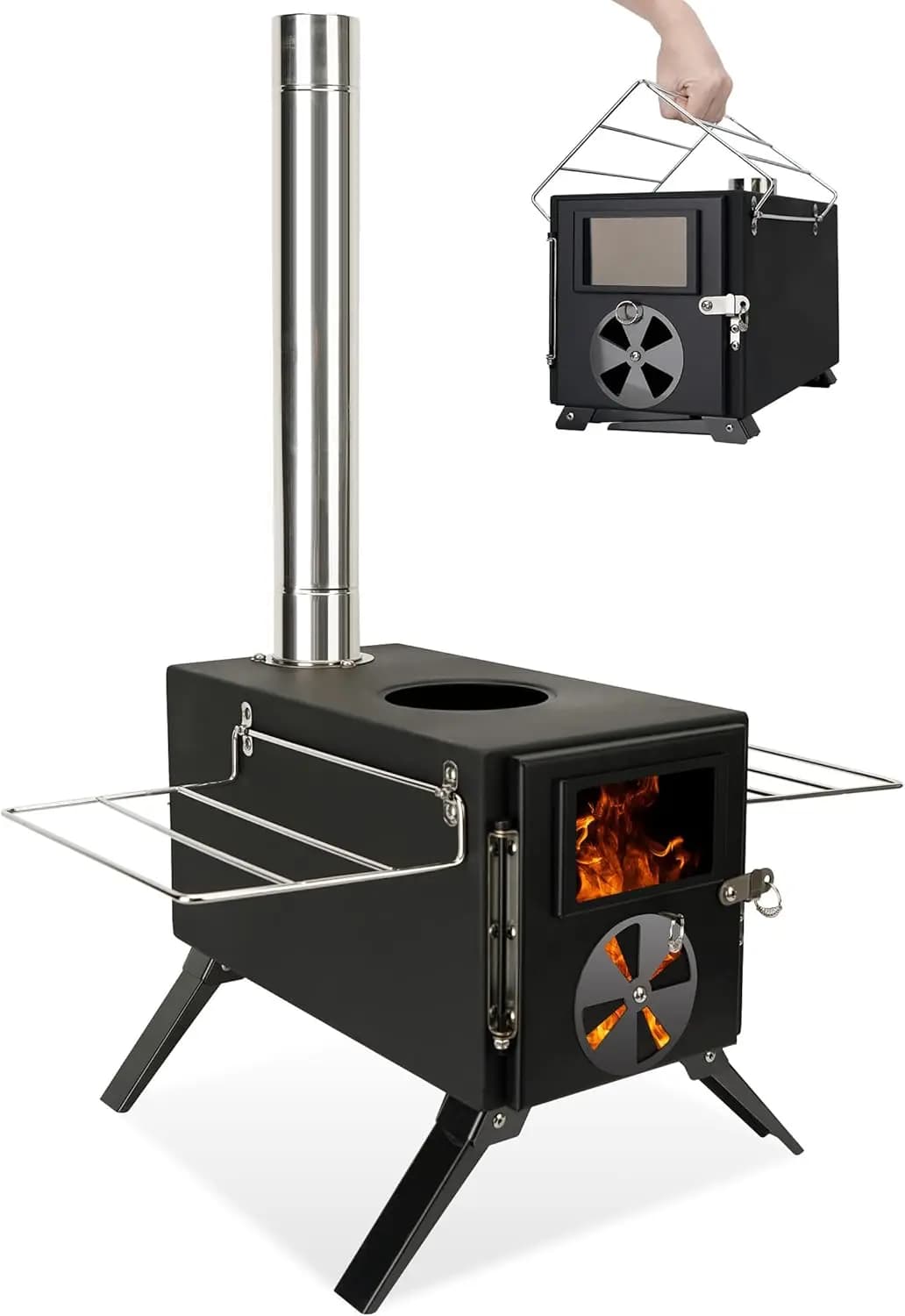 Wall Tile Stove for Curtains with Stainless Steel Fireplace Pipes, Heating Stove and Open Camping Kitchen